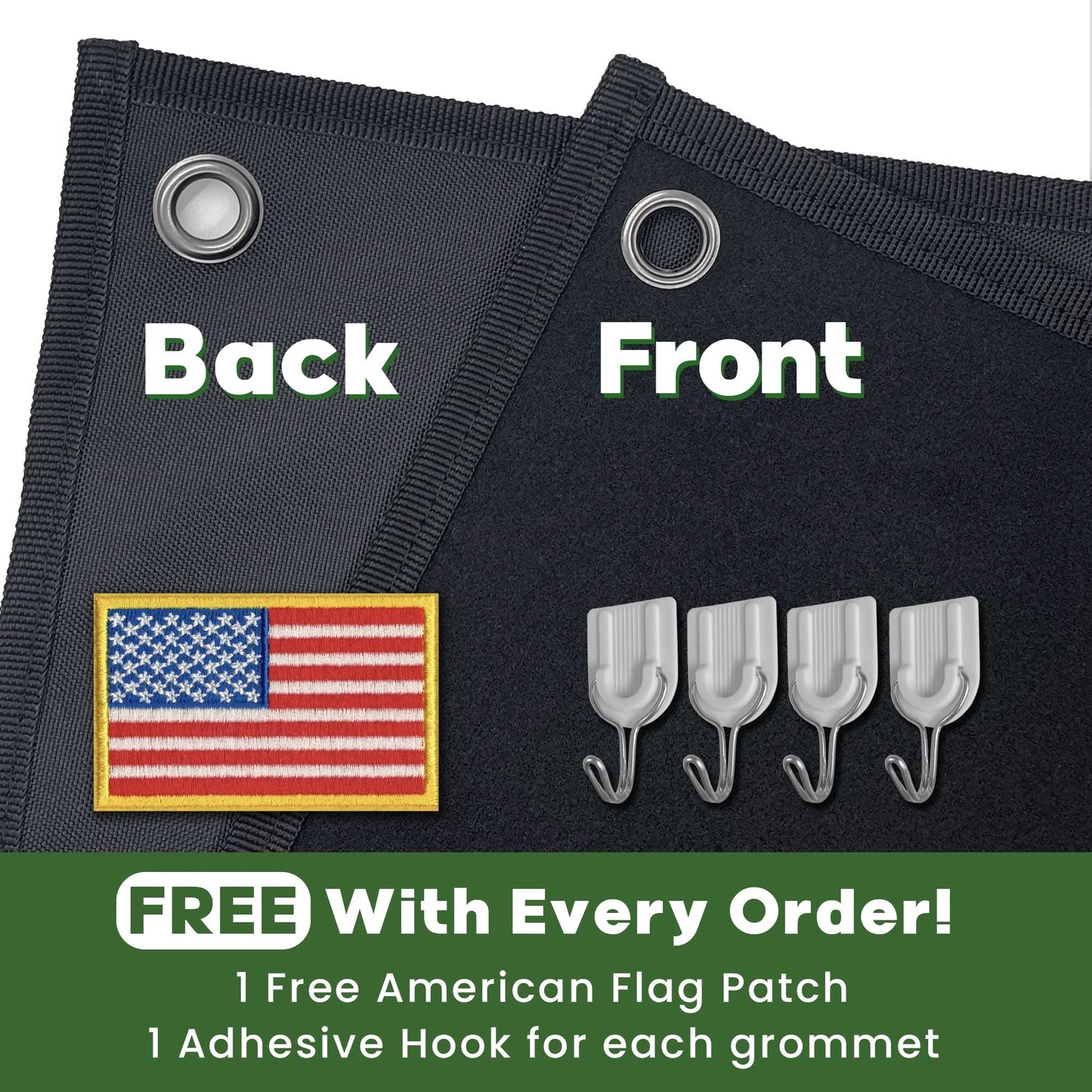 The Tactical Patch Display Board Holder for Military Army Combat Uniform Morale Emblems, Hook and Loop is a black fabric with grommets labeled "Back" and "Front." It includes a complimentary American flag patch and four adhesive hooks with each order.