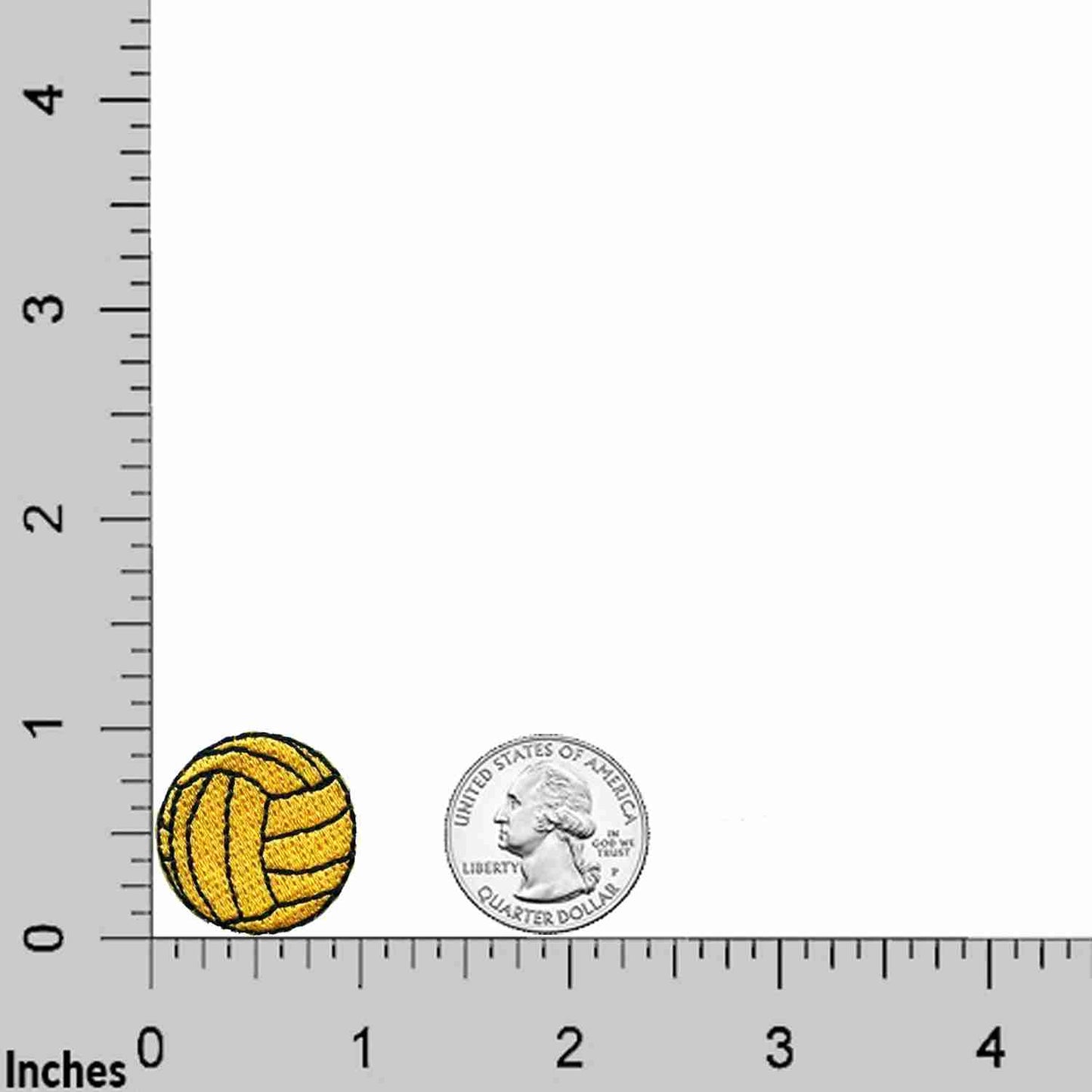 A Water Polo Ball (5-Pack) Embroidered Iron on Patch is shown next to a ruler.