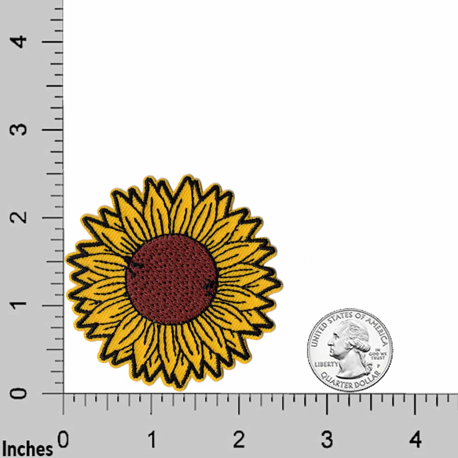 The Laughing Lizards Yellow Sunflower (2-Pack) Embroidered Iron on Patch Applique is shown beside a U.S. quarter and inch markings for size—ideal for DIY craft accessories.