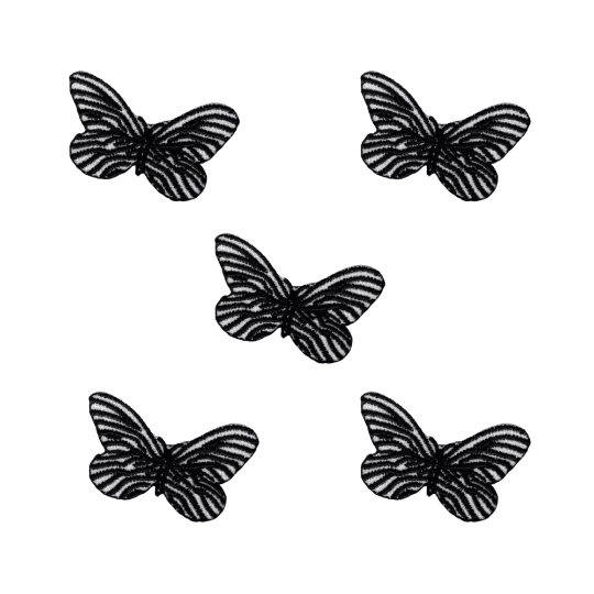 The Laughing Lizards Zebra Butterfly Iron On Patch (5-Pack), featuring black and white striped designs, is arranged on a white background.