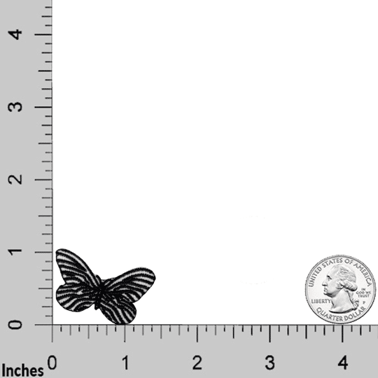 A Zebra Butterfly Iron On Patch (5-Pack) Small by Laughing Lizards is shown next to a U.S. quarter on a white background with inch rulers for scale, highlighting the size of these embroidered patches.
