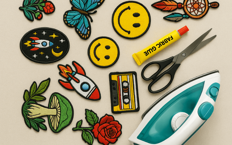 Iron-on and sew-on patches, fabric glue, scissors, and an iron arranged on a beige surface.