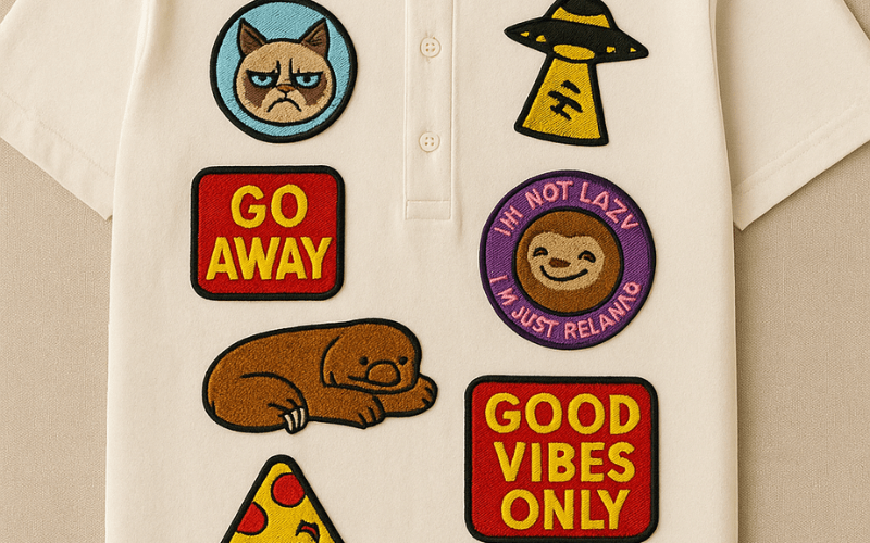 A cream-colored shirt featuring colorful patches, including a grumpy cat, UFO, sloth, "GO AWAY," "GOOD VIBES ONLY," pizza slice, and a sleeping animal.