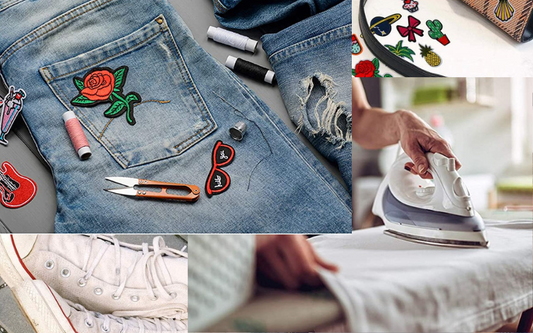 Various tools and patches are laid out on a denim garment for a custom design project. An iron is being used on fabric, with threads, scissors, and patches also in view.
