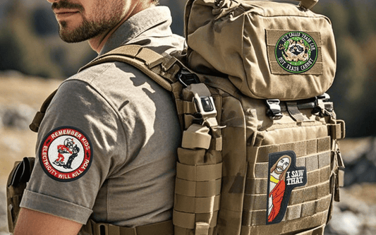 A person wearing a khaki shirt and tactical backpack with several patches, including safety and humorous designs, standing outdoors.