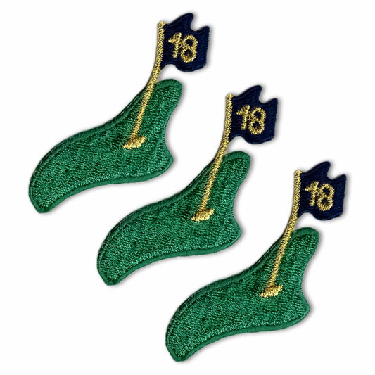 Three 18th Hole Golf Patches (3-Pack) Sport Embroidered Iron On Patch Applique and flags on a white background.
