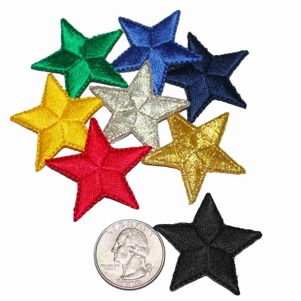 A set of 1.5 Inch Star Iron On Patch (10 Pack) appliques next to a dime.