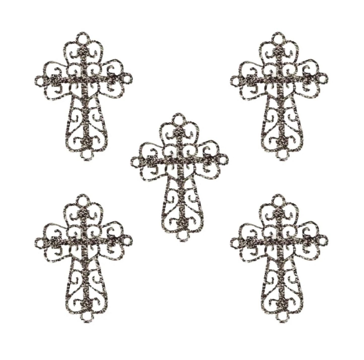 Five Gold Cross Patches (5-Pack), religious embroidered iron-on appliques, are arranged in a symmetrical pattern on a white background.