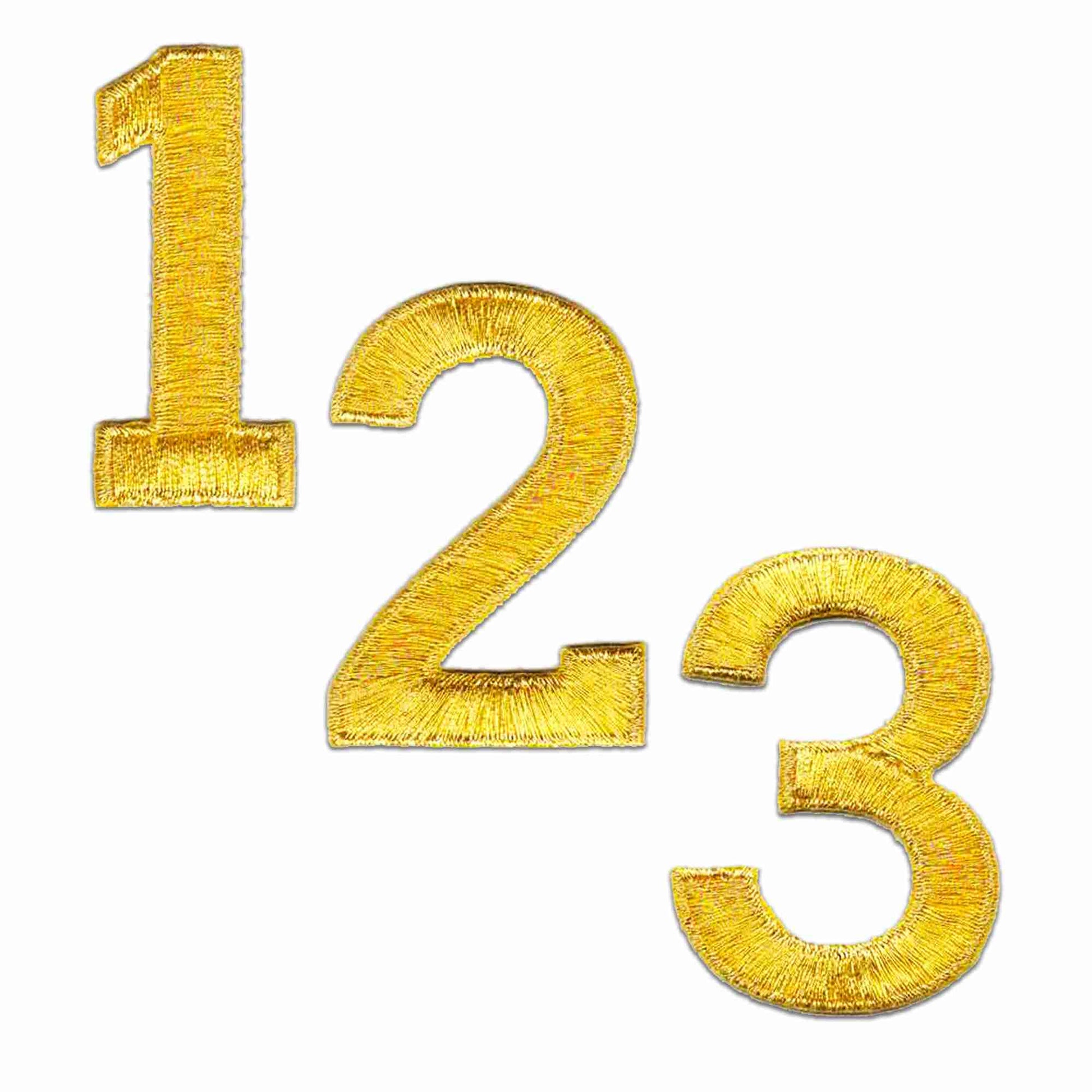 Two Metallic Gold 0-9 Iron On Number Patches - Sold Separately on a white background.