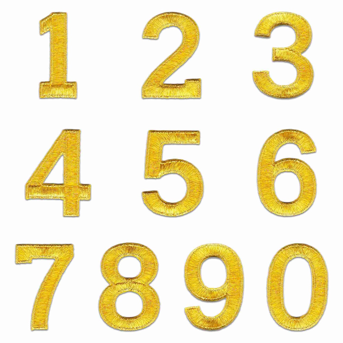 A set of Metallic Gold 0-9 Iron On Number Patches - Sold Separately on a white background.