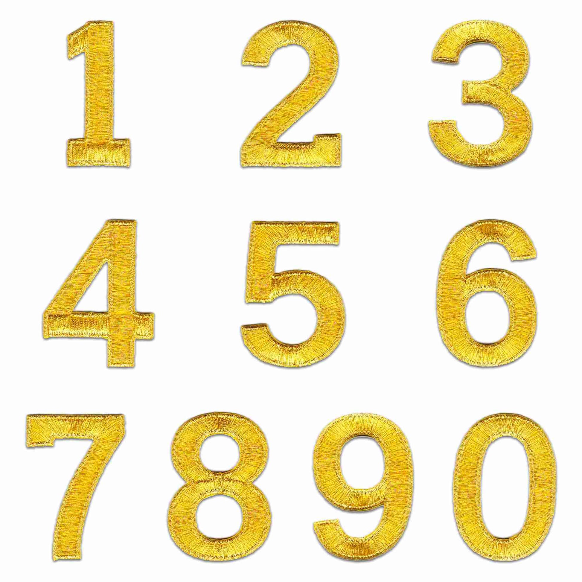 A set of Metallic Gold 0-9 Iron On Number Patches - Sold Separately on a white background.