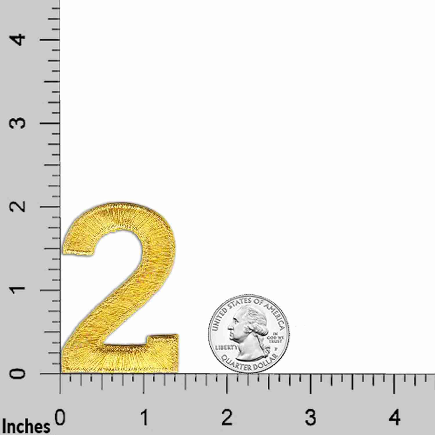 A ruler with a Metallic Gold 0-9 Iron On Number Patch next to a coin.