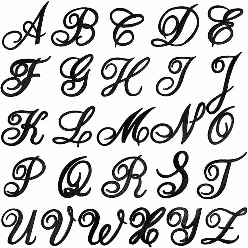 A set of Iron On Script Letter Patches, Monogram Appliques on a white background.