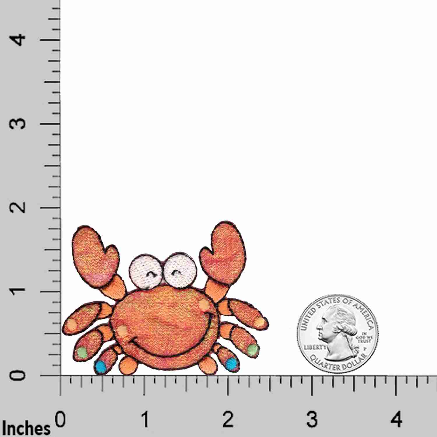 An image of a Crab Patches (3-Pack) Sea Animal Embroidered Iron Patch Appliques with a ruler next to it.