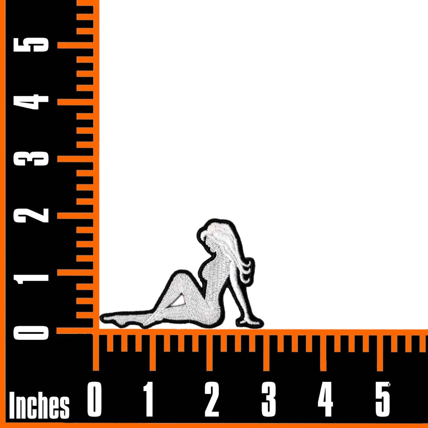 A woman is sitting on top of a Sexy Embroidered Trucker Mudflap Girl (Left Facing) (2-Pack) Iron On Patch.