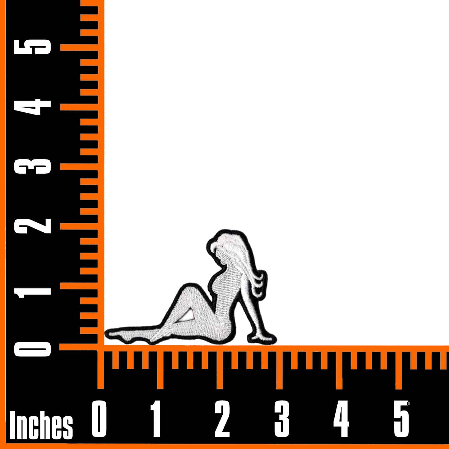 A woman is sitting on top of a Sexy Embroidered Trucker Mudflap Girl (Left Facing) (2-Pack) Iron On Patch.