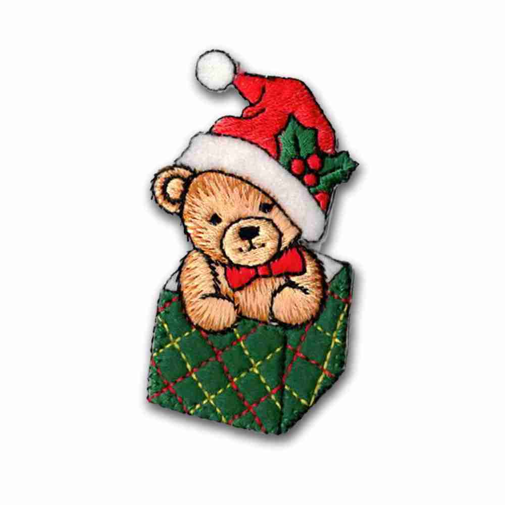 Bear in Box Patches (2-Pack) Christmas Embroidered Iron on Patch Appliques sitting in a box.