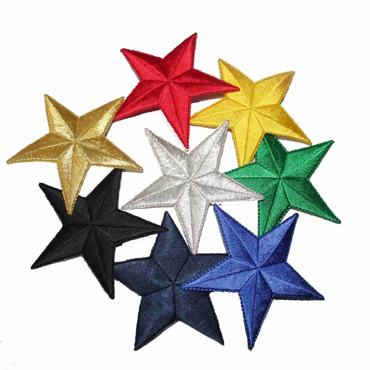 A group of 3 Inch Iron on Star Patches (5 Pack) on a white background.