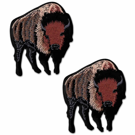 Laughing Lizards Buffalo Bison Patches (2-Pack) are western embroidered iron-on appliques showing a side-view bison in brown, black, and tan—perfect for jackets or bags.