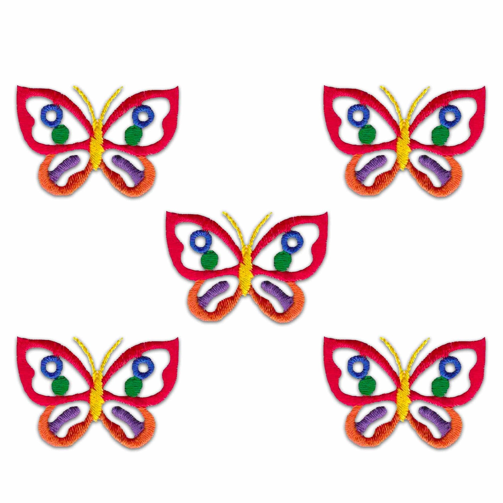 Four Cut Out Butterfly Patches (5-Pack) Butterfly Embroidered Iron On Patch Appliques on a white background.