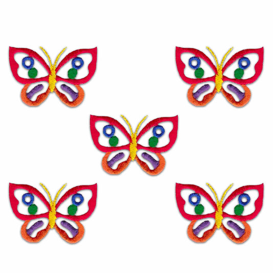 Four Cut Out Butterfly Patches (5-Pack) Butterfly Embroidered Iron On Patch Appliques on a white background.