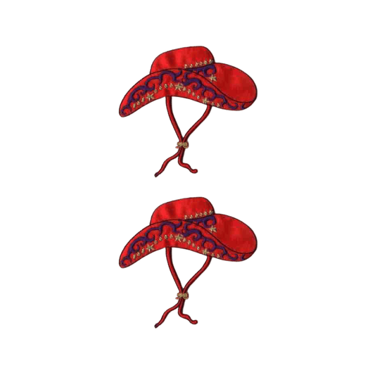 Two red Cowgirl Hat Patches (2-Pack) Western Embroidered Iron On Patch Appliques on a white background.