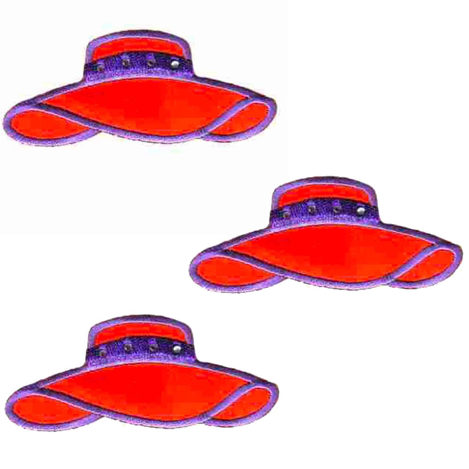 Three Satin Red Hat Patches (3-Pack) Red Hat Lady Iron On Patch – Medium with red and purple ribbons on them.