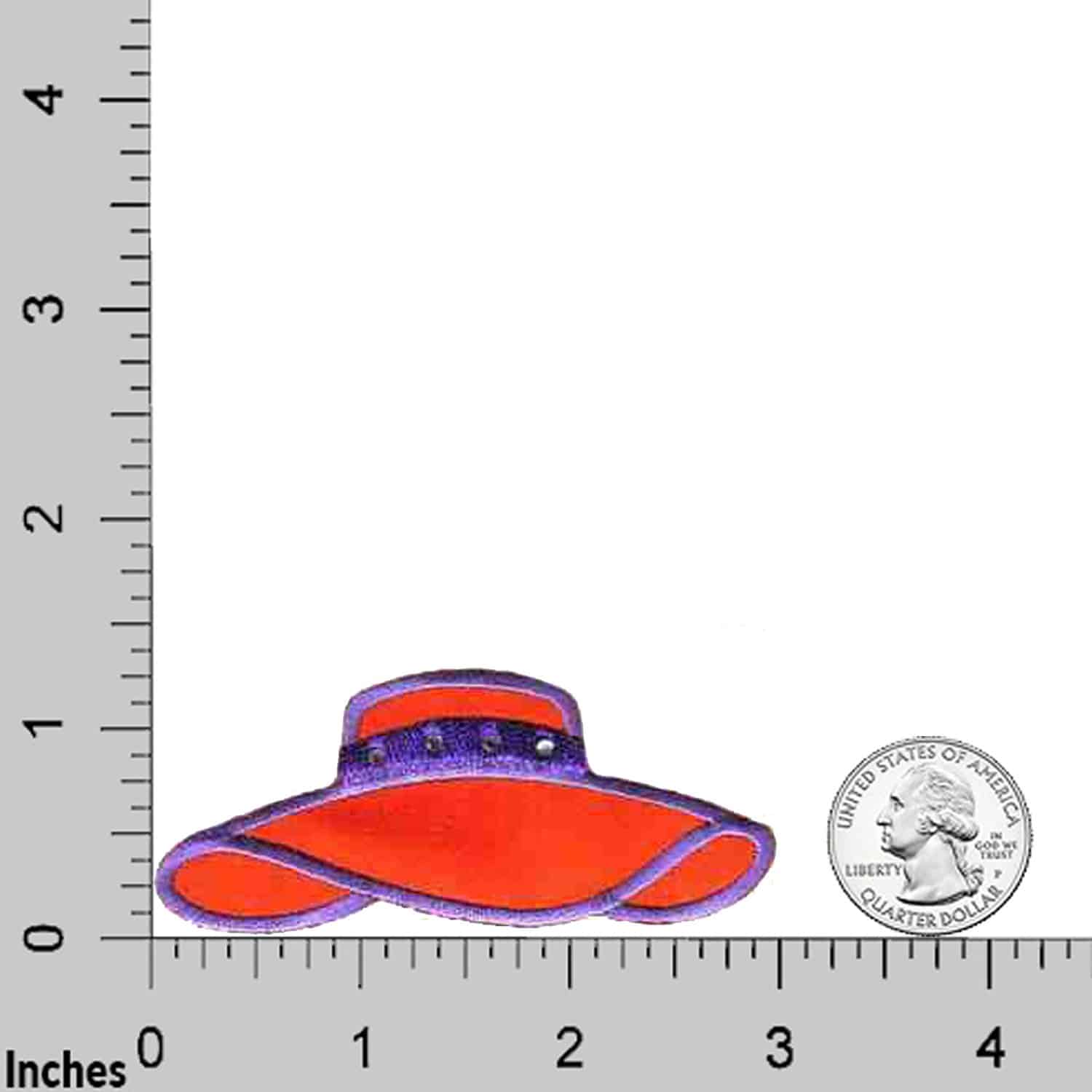 An orange and purple Satin Red Hat Patches (3-Pack) Red Hat Lady Iron On Patch – Medium with a ruler next to it.