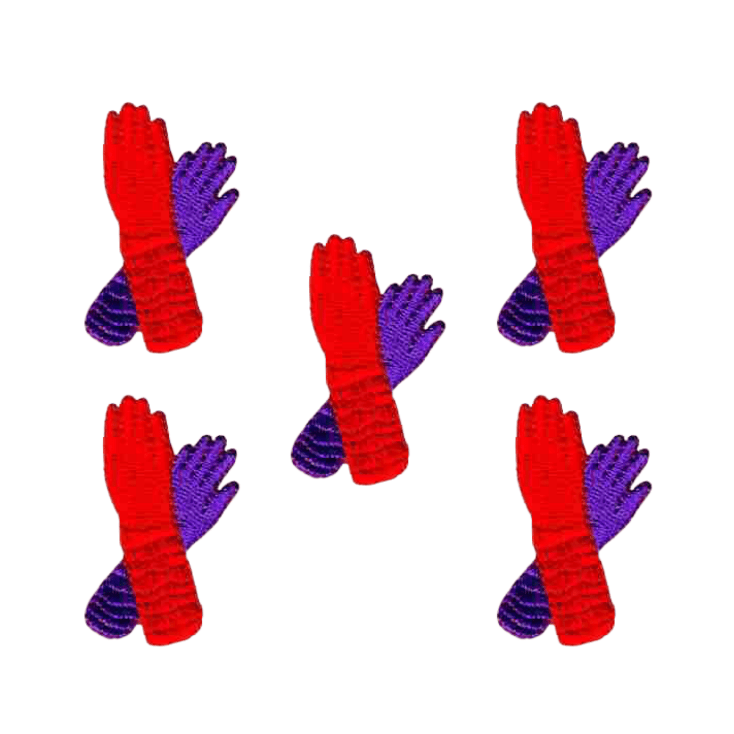 A set of Gloves Patches (5-Pack) Red Hat Lady Embroidered Iron On Patch Applique on a white background.