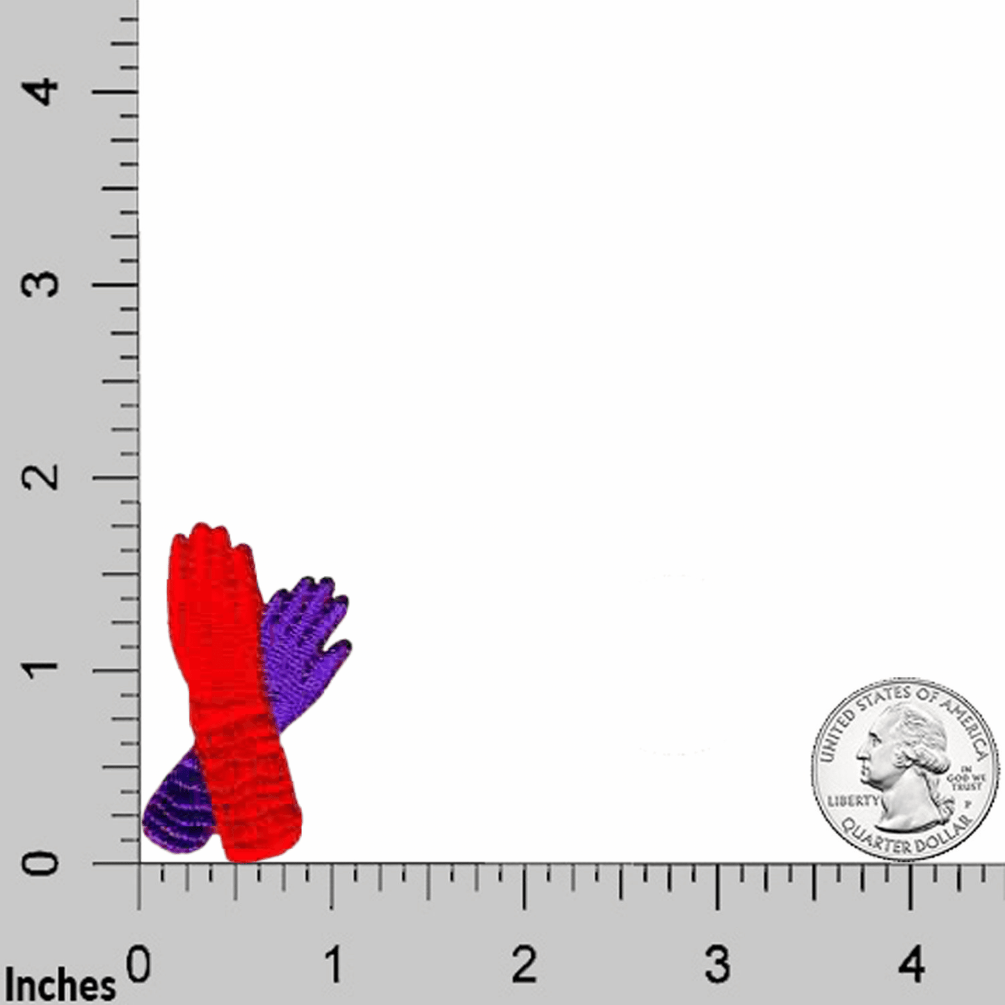 A pair of Gloves Patches (5-Pack) Red Hat Lady Embroidered Iron On Patch Applique with a ruler next to them.