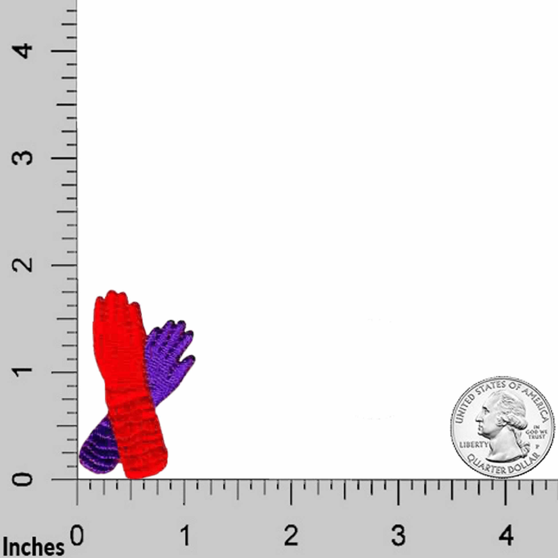 A pair of Gloves Patches (5-Pack) Red Hat Lady Embroidered Iron On Patch Applique with a ruler next to them.