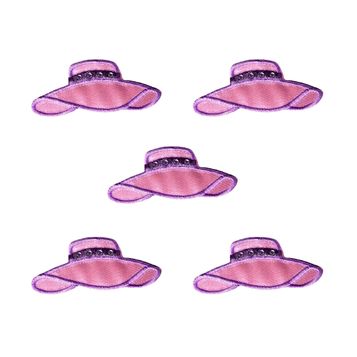 Four Pink Hat Lady Jeweled Hat Patches (5-Pack) Fashion Embroidered Iron On Patch - Small on a white background.