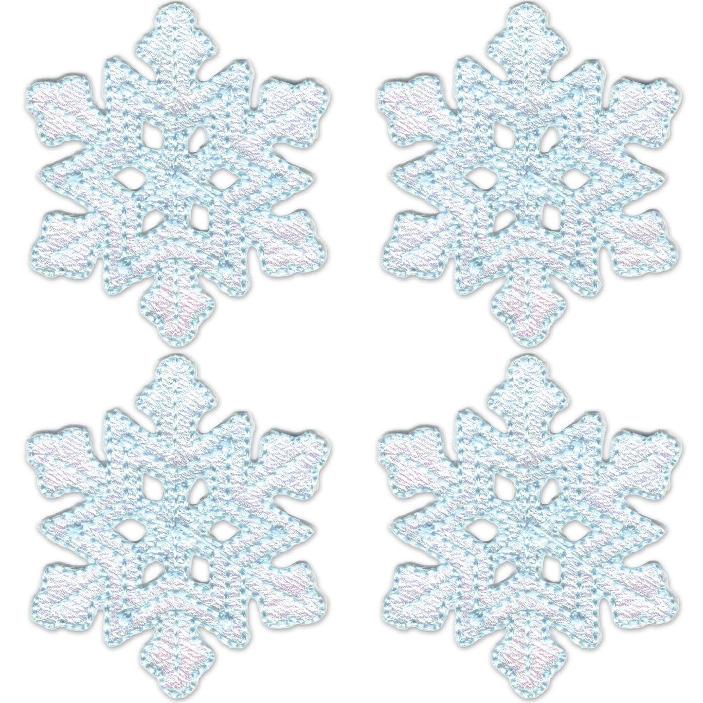 The Laughing Lizards Blue Snowflake Patches (4-Pack) are embroidered iron-on appliques in light blue and white, arranged in a grid on a white background—perfect for Christmas crafts or as festive holiday patches.