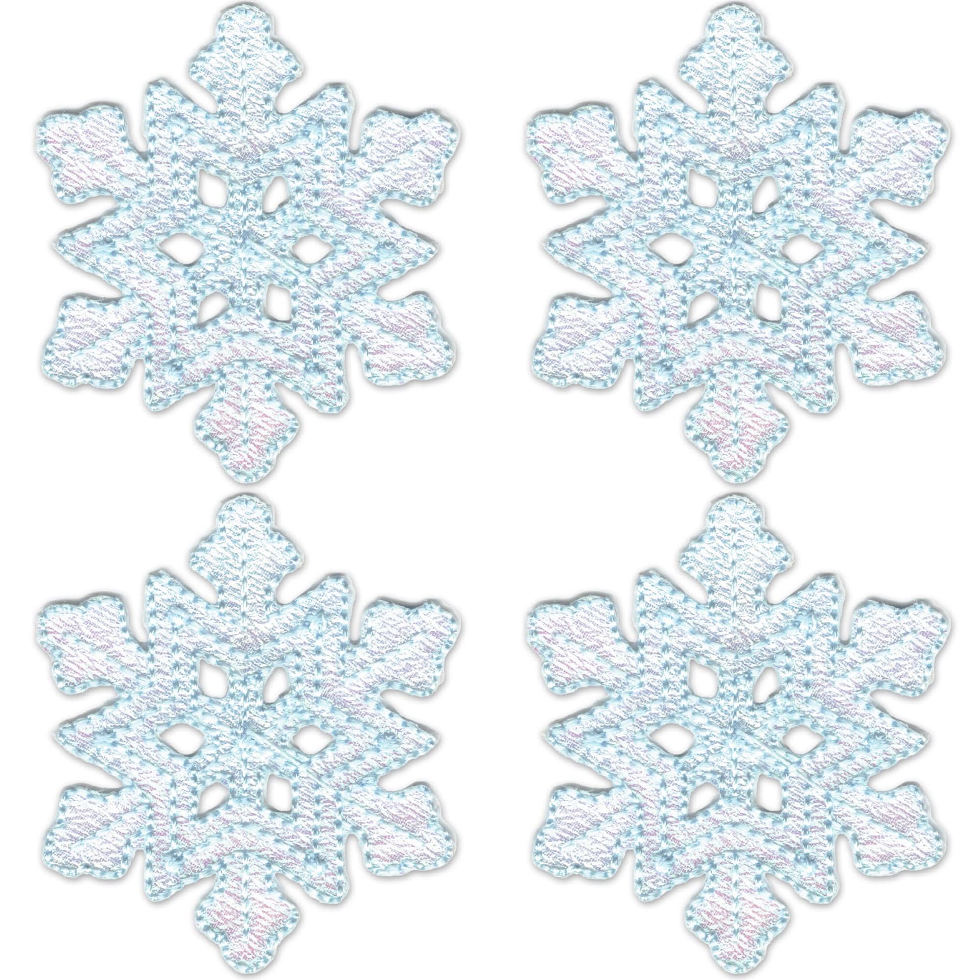 The Laughing Lizards Blue Snowflake Patches (4-Pack) are embroidered iron-on appliques in light blue and white, arranged in a grid on a white background—perfect for Christmas crafts or as festive holiday patches.