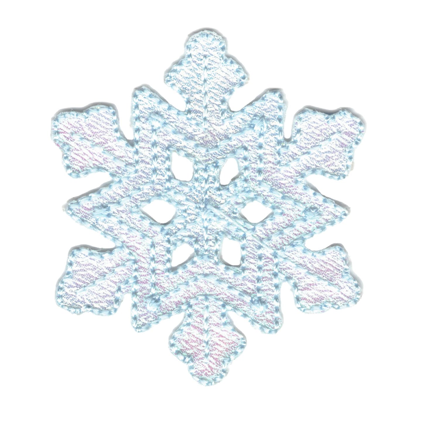 Laughing Lizards Blue Snowflake Patches (4-Pack) feature light blue and white embroidered six-pointed snowflakes with a textured, woven look—perfect Christmas iron-on appliques for your crafts.