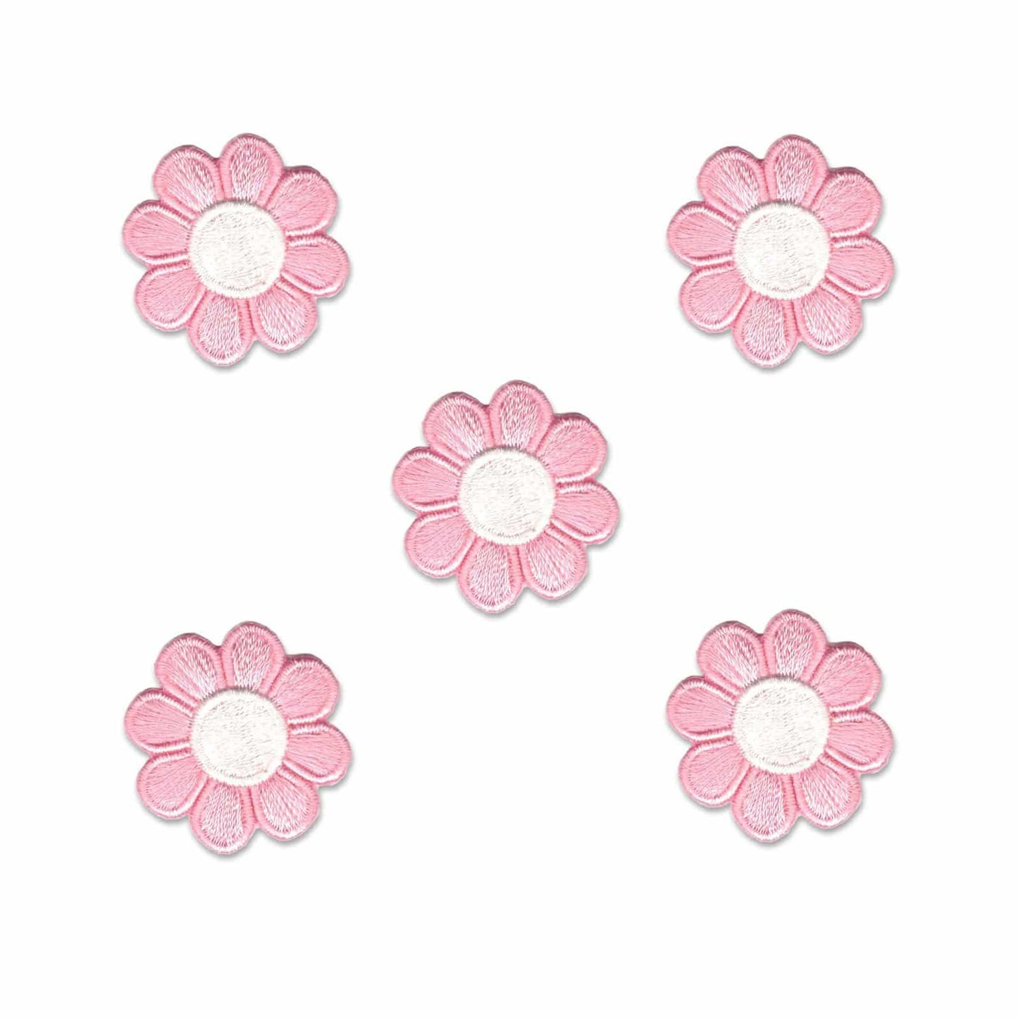 Four Cute Daisy Patches (5 Pack) Flower Embroidered Iron On Patch Appliques - 4 Color Choices! on a white background.