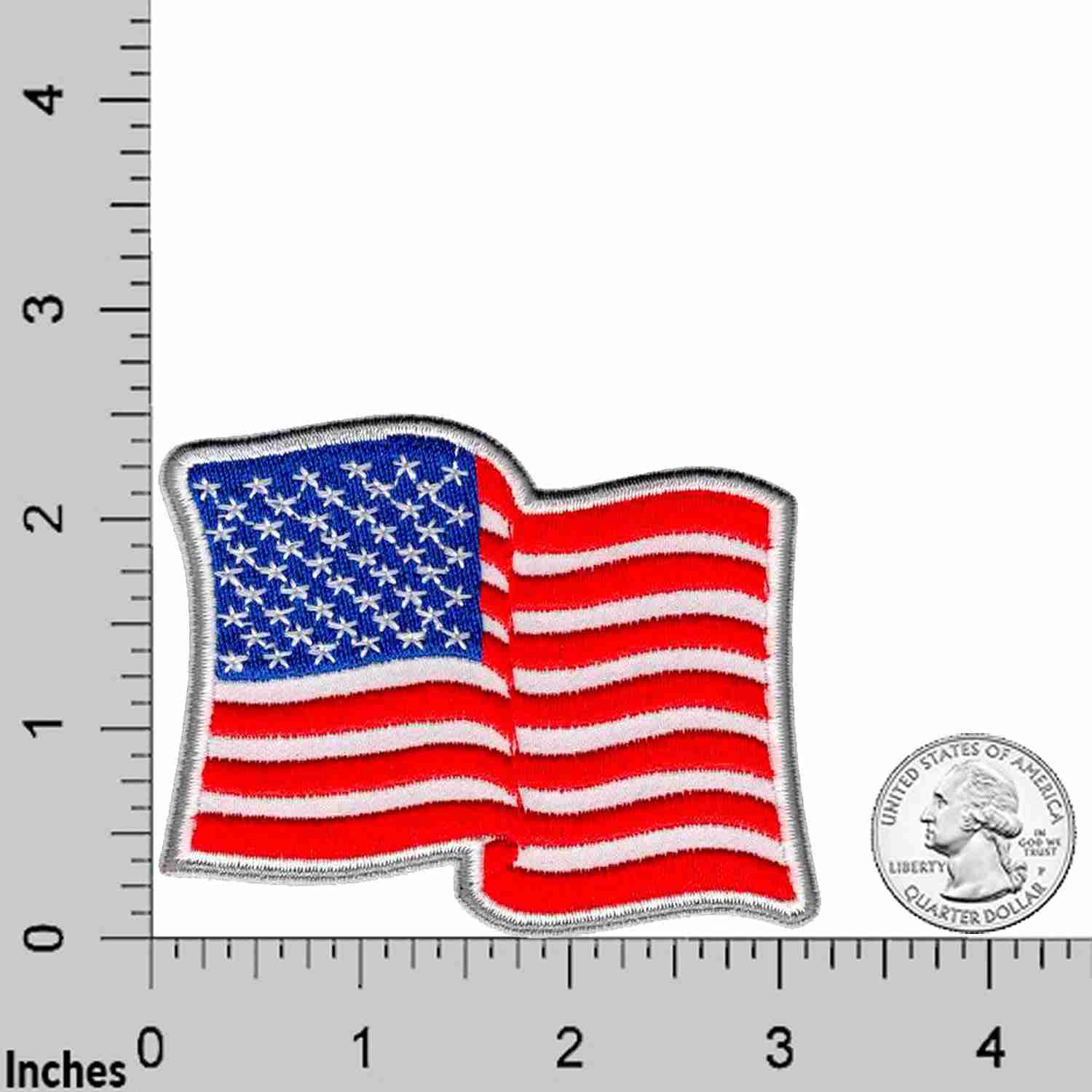A Waving USA Flag Patches (2-Pack) American Flag Embroidered Iron On Patch Appliques is shown on a ruler.