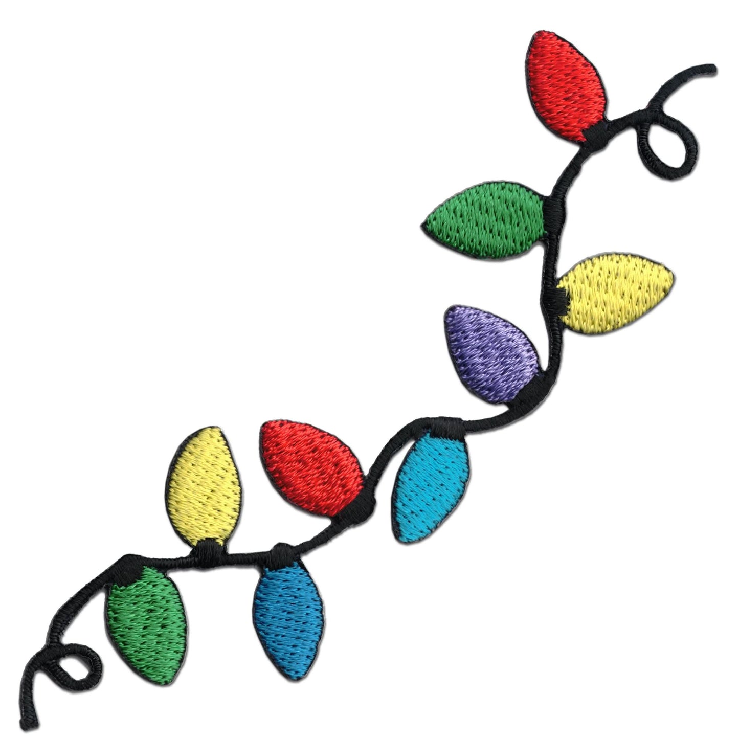 Add festive flair to your projects with Laughing Lizards Christmas Lights Patches (2-Pack)—embroidered iron-on appliques featuring colorful bulbs on a black cord, perfect for holiday decorations or patchwork.