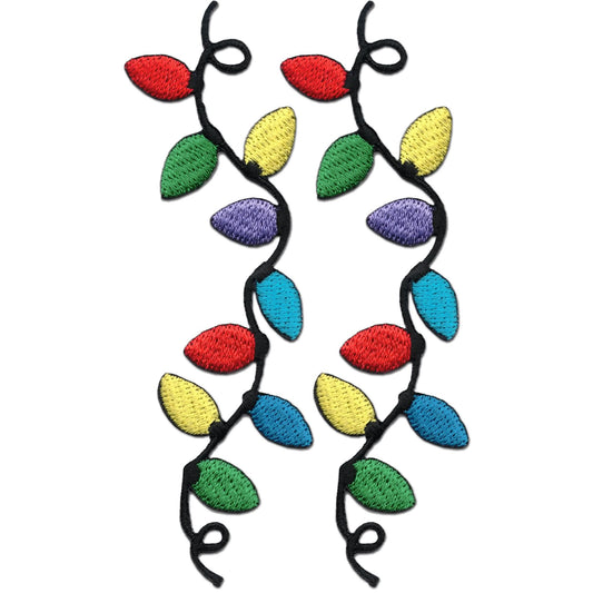 The Laughing Lizards Christmas Lights Patches (2-Pack) feature festive embroidered holiday lights in red, yellow, green, blue, and purple on a black cord—perfect iron-on appliques for decorating clothes or crafts.