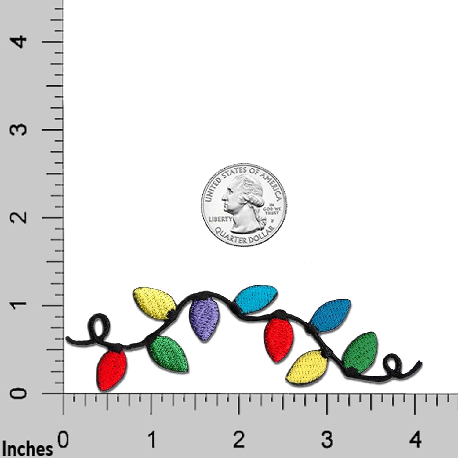 The Laughing Lizards Christmas Lights Patches (2-Pack) are shown beside a U.S. quarter and an inch ruler for scale, perfect festive embroidered iron on patches or appliques for your holiday collection.