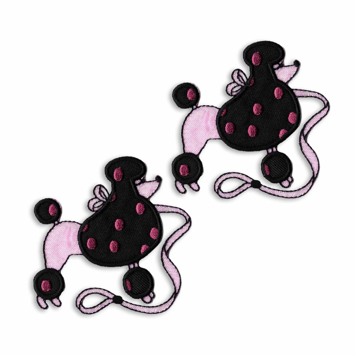 A pair of Poodle Patches (2-Pack) Animal Embroidered Iron on Patch Appliques on a leash.