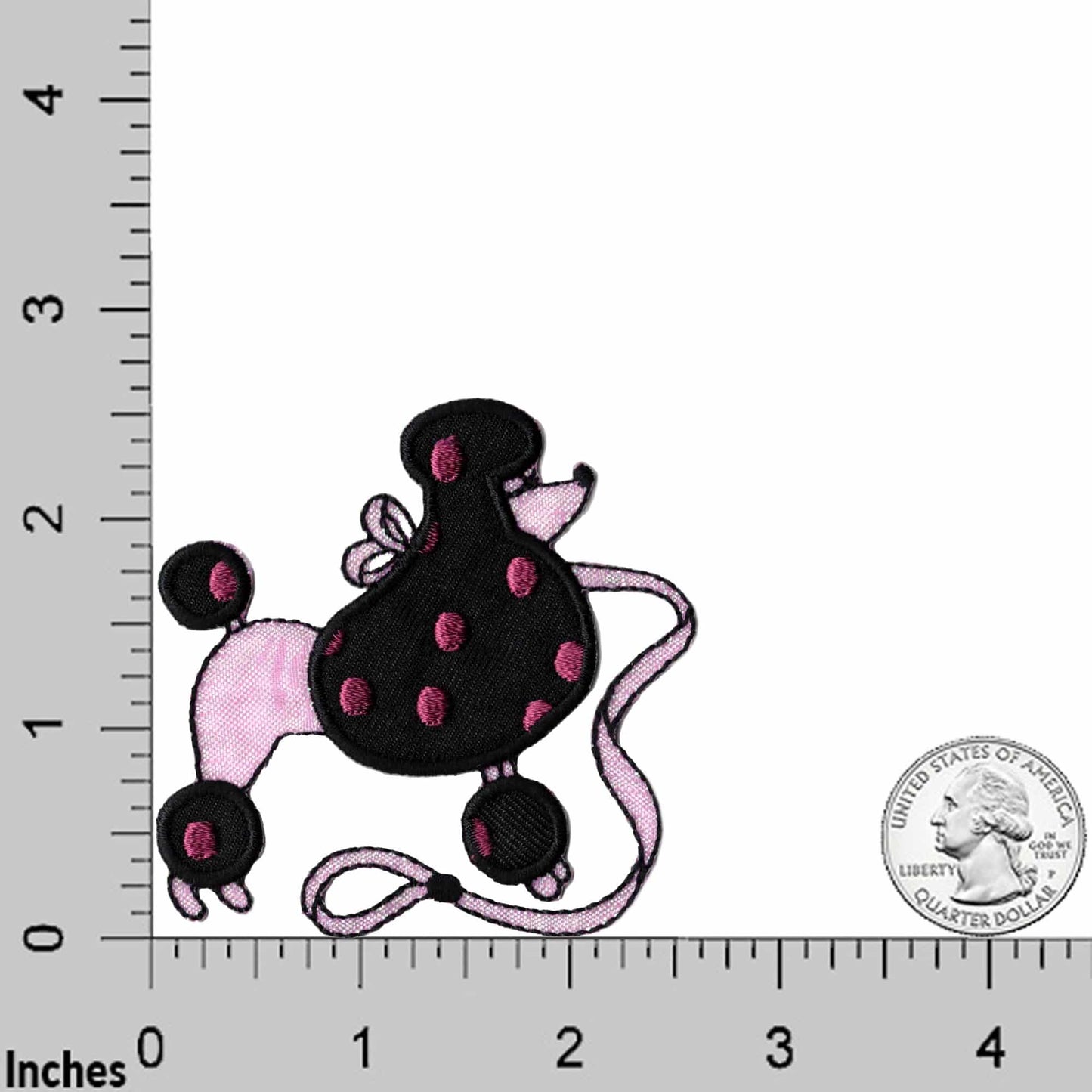 A black and pink Poodle Patches (2-Pack) Animal Embroidered Iron on Patch Appliques on a leash.