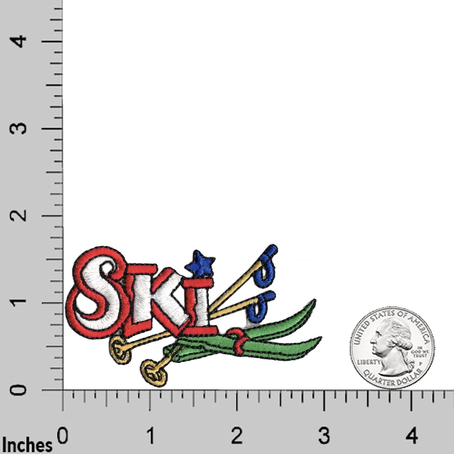 The Laughing Lizards Skiing "Ski" with Equipment (2-Pack) Iron On Sports Patch shows green skis and blue poles next to a U.S. quarter on an inch grid—great for ski lovers and collectors.