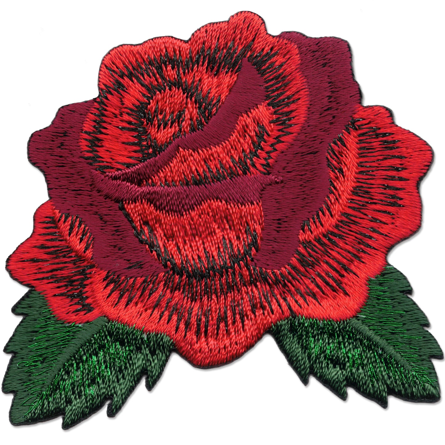 An embroidered patch featuring a red rose with green leaves, created with detailed stitching can be replaced by the product name as follows:

A Red Rose with Leaves Floral (2-Pack) Iron On Patch with Sparkling Thread.
