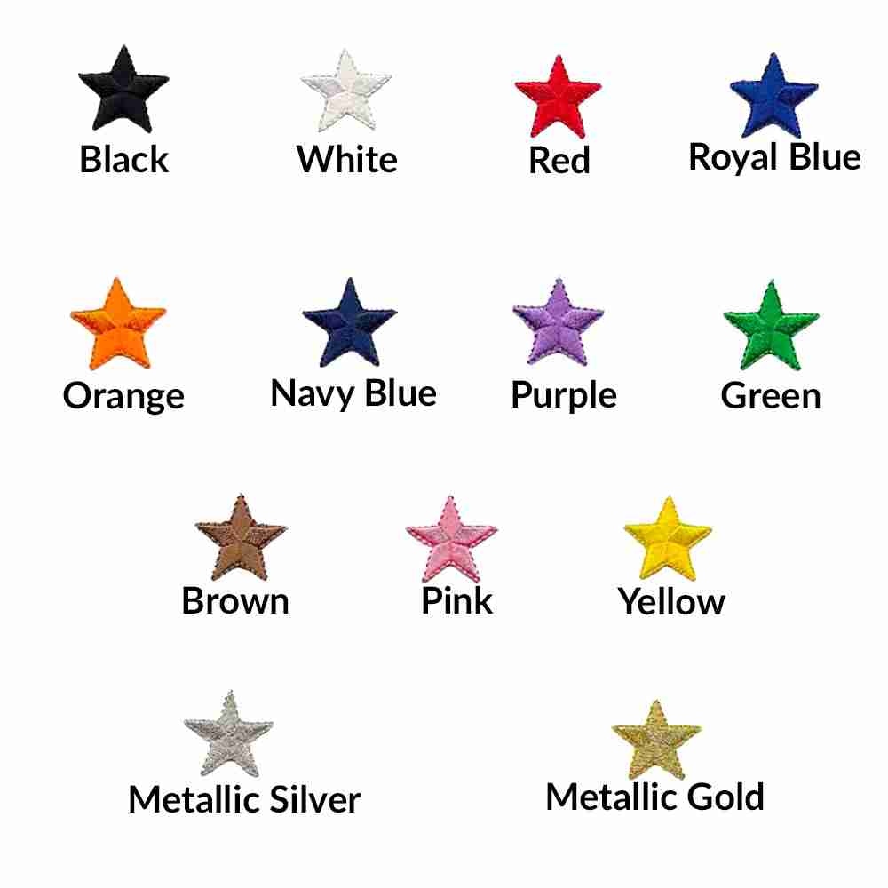 The different colors of 1 Inch Star Iron On Patches (10 Pack) are shown on a white background.