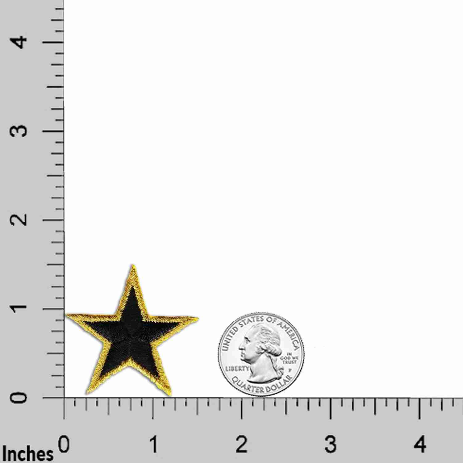 A pack of ten black and gold Star Patches on a ruler next to a dime.