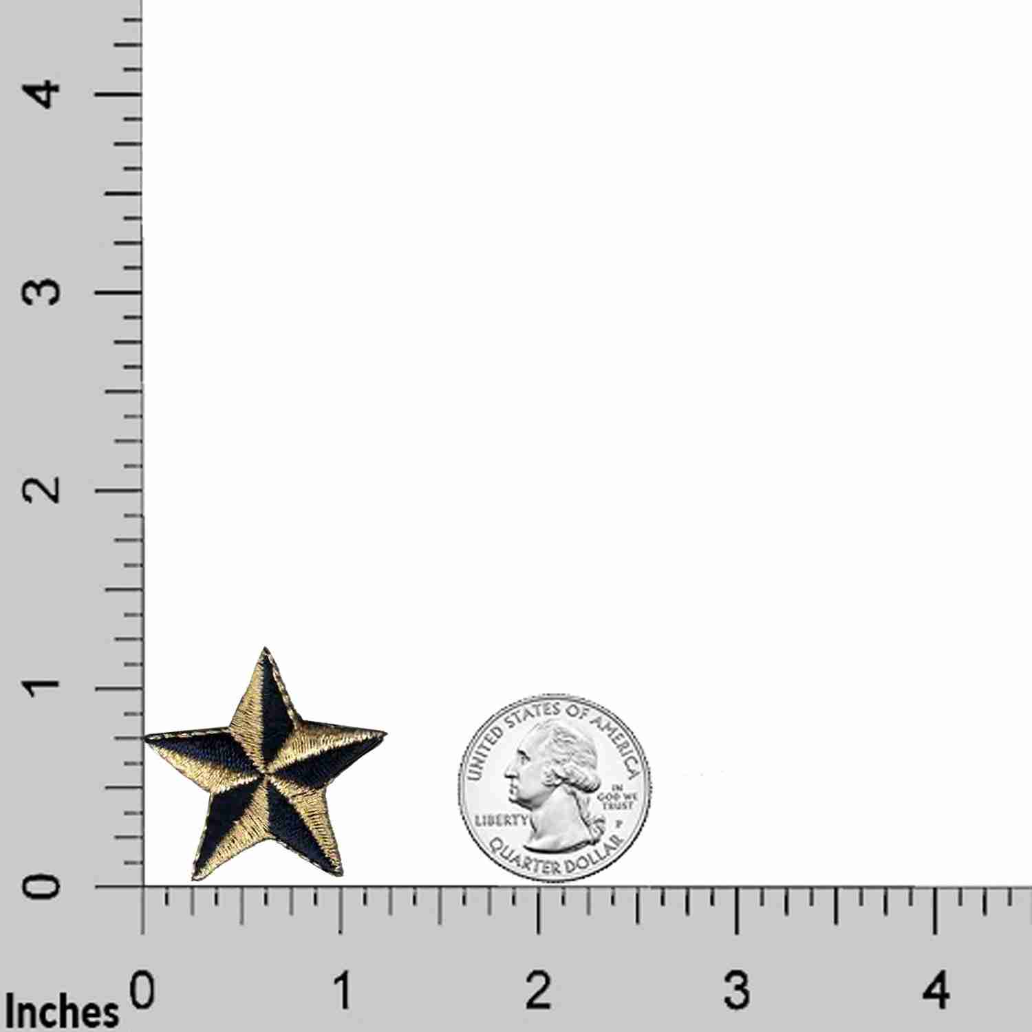 An image of a Star Patches (10-Pack) 1.25" Navy Nautical Embroidered Iron-On Patch Appliques with a ruler next to it.