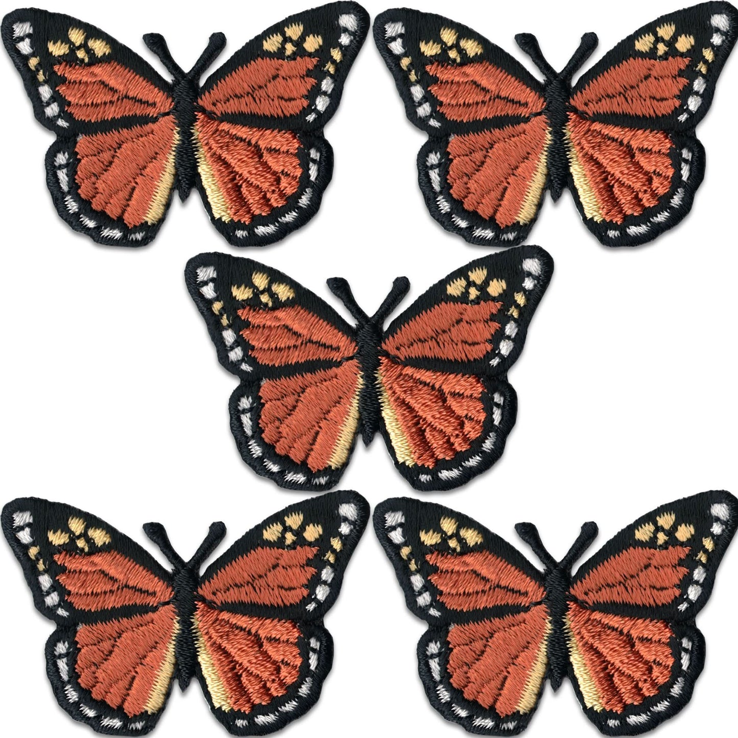 The LaughingLizards Monarch Butterfly Patches (5 Pack) are vibrant insect iron on appliques, arranged symmetrically on a white background to add elegance and color.