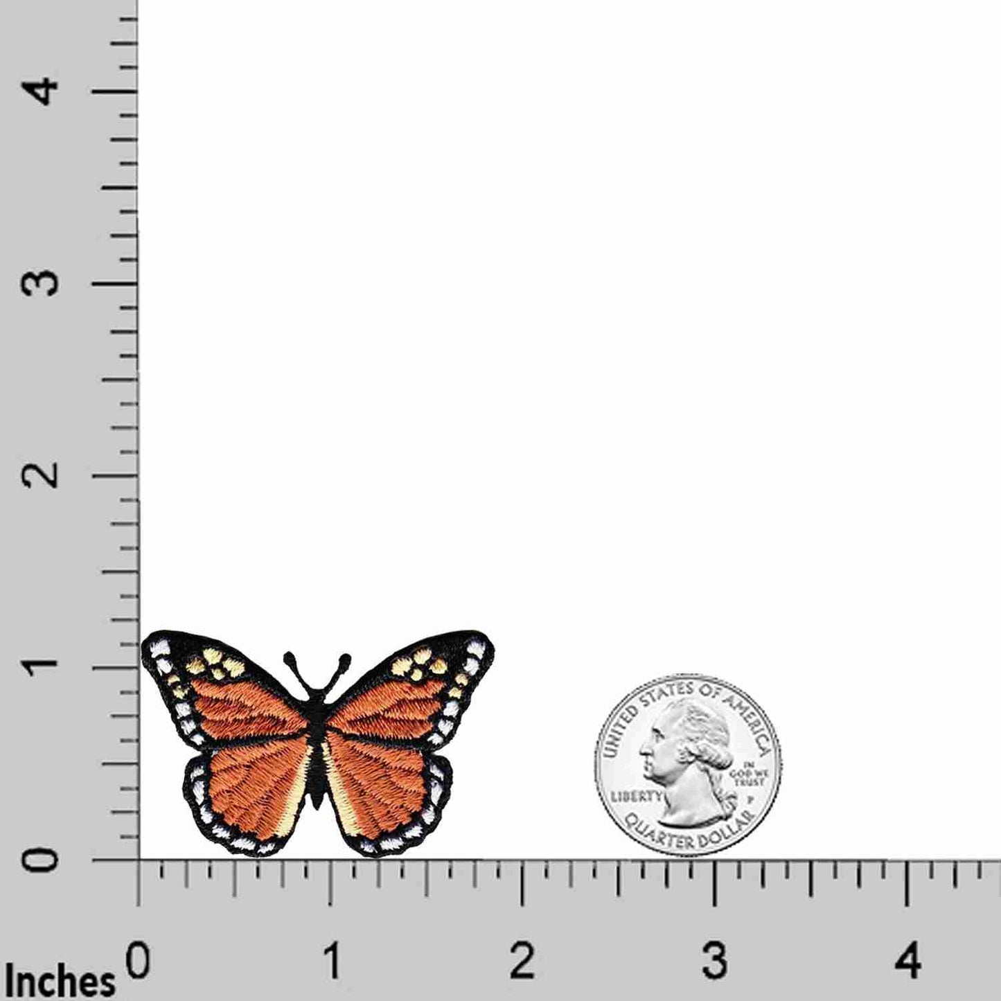 Monarch Butterfly Patches (5 Pack) Insect Iron On Patch Appliques are shown next to a ruler.