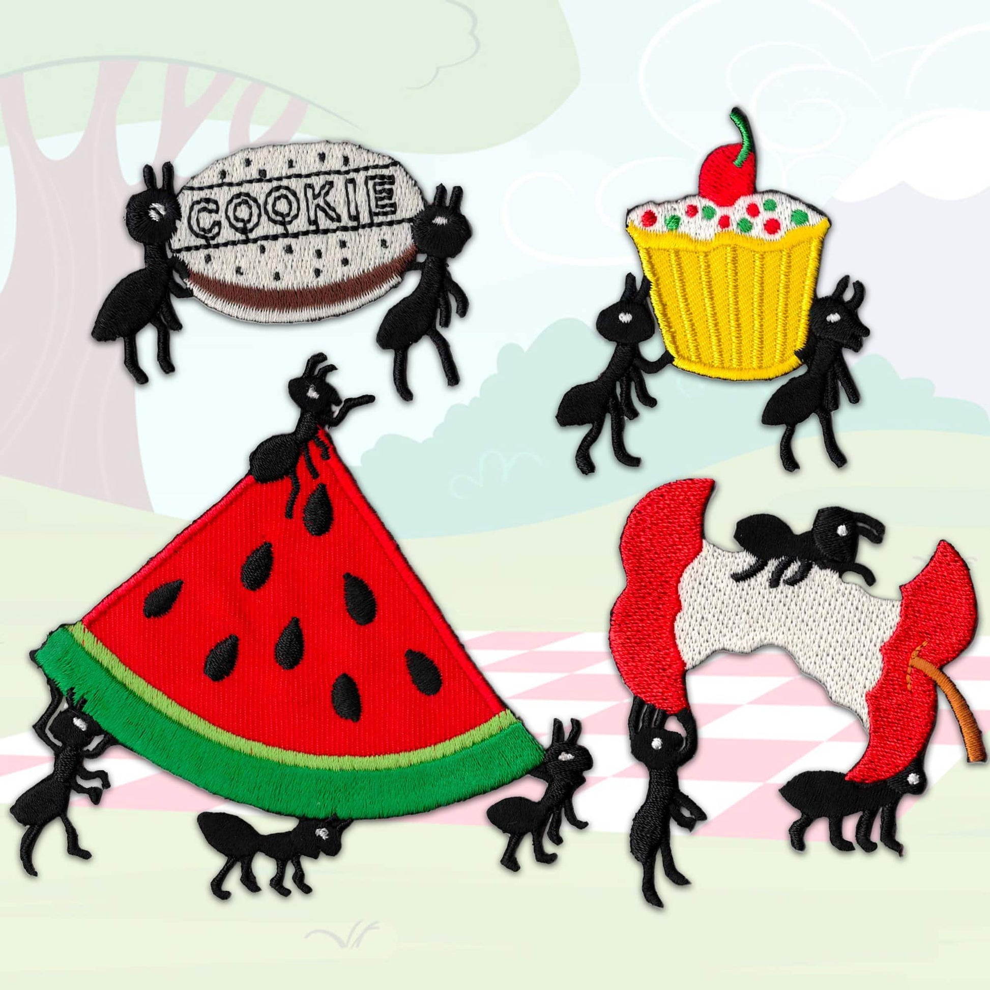 A set of Ants Thieving A Picnic Iron On Patch Set with ants, a watermelon, and a cookie.